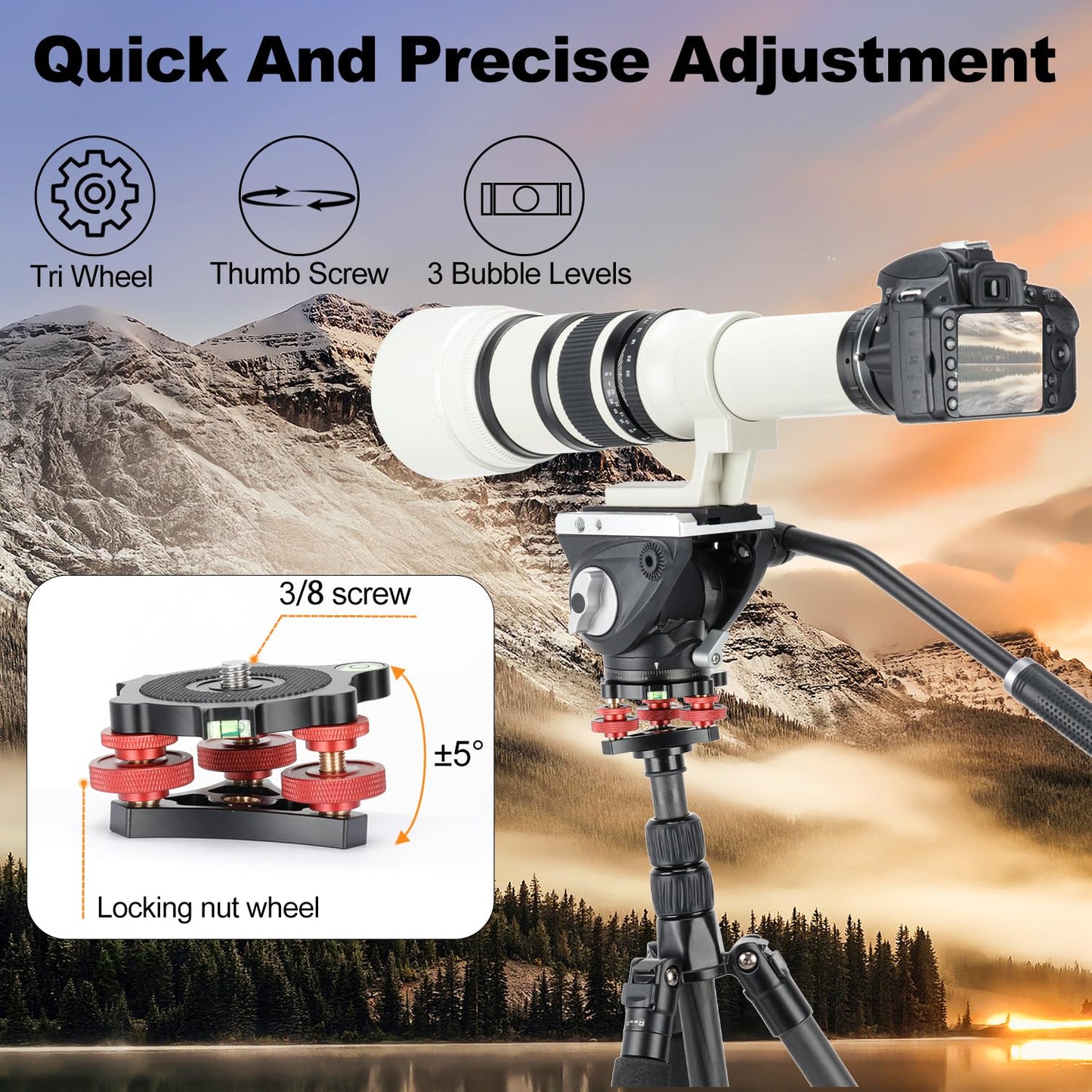 Koolehaoda Tripod Head Leveling Base Camera Leveler, Aluminum Tripod Leveler Stand with +/-5° Precise Angle Adjustment, 3/8" Thread for DSLR Camera