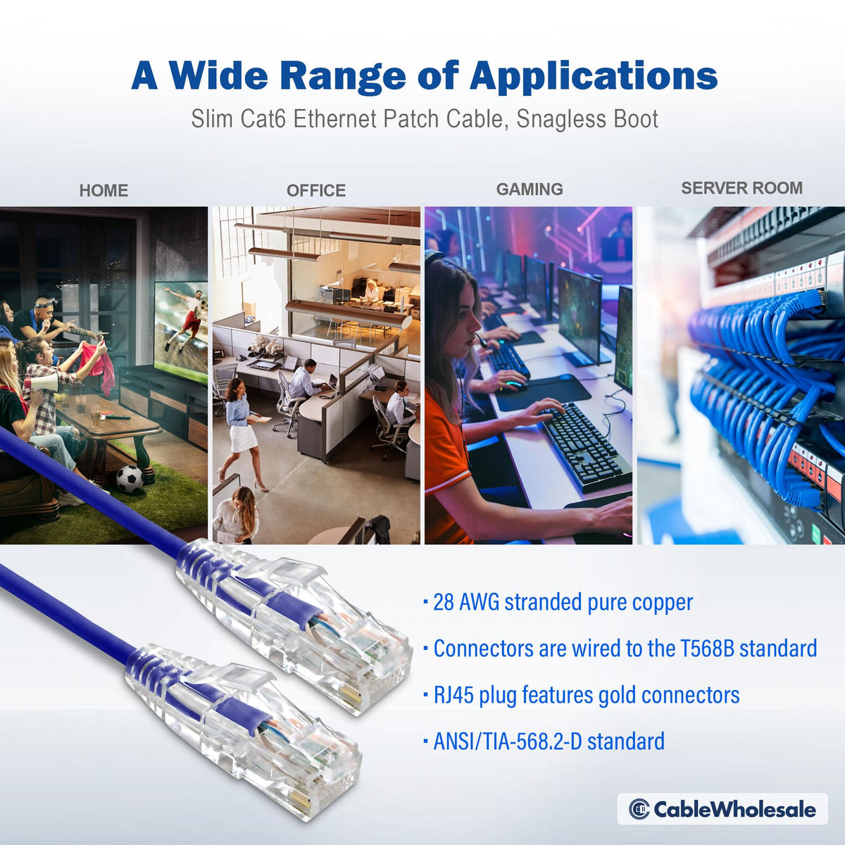 CableWholesale Cat6 Slim UTP Ethernet Cable, 28 AWG, PoE+, 3 ft, Purple