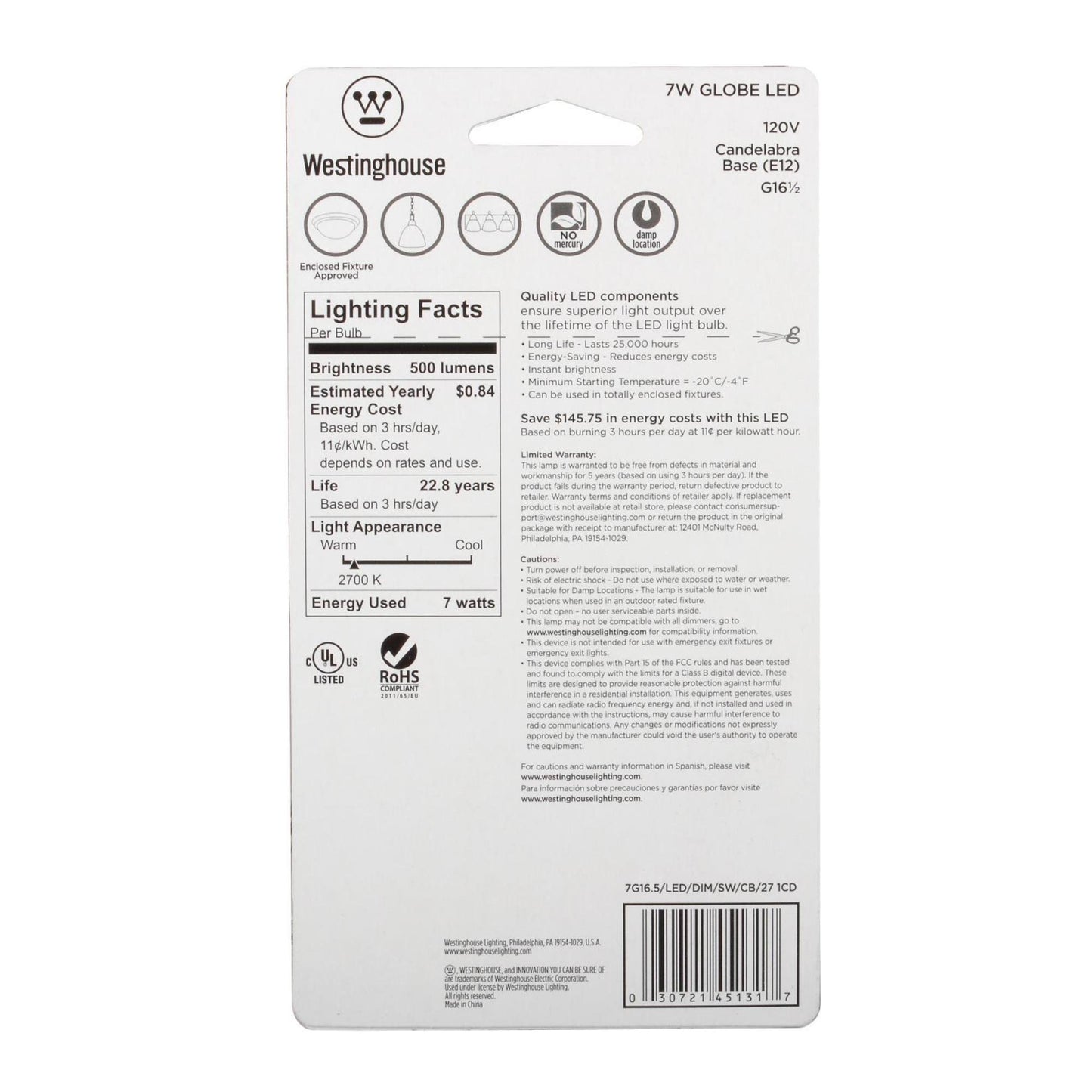 Westinghouse 4513120 60W Equivalent G16-1/2 Dimmable Soft White LED Light Bulb with Candelabra, Base Four Pack