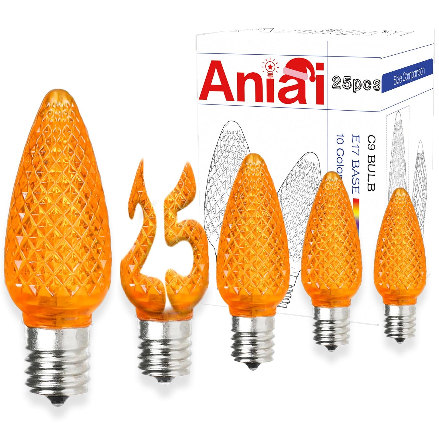Aniai 25 Pack C9 LED Replacement Bulbs, E17 Base Orange for Christmas Light