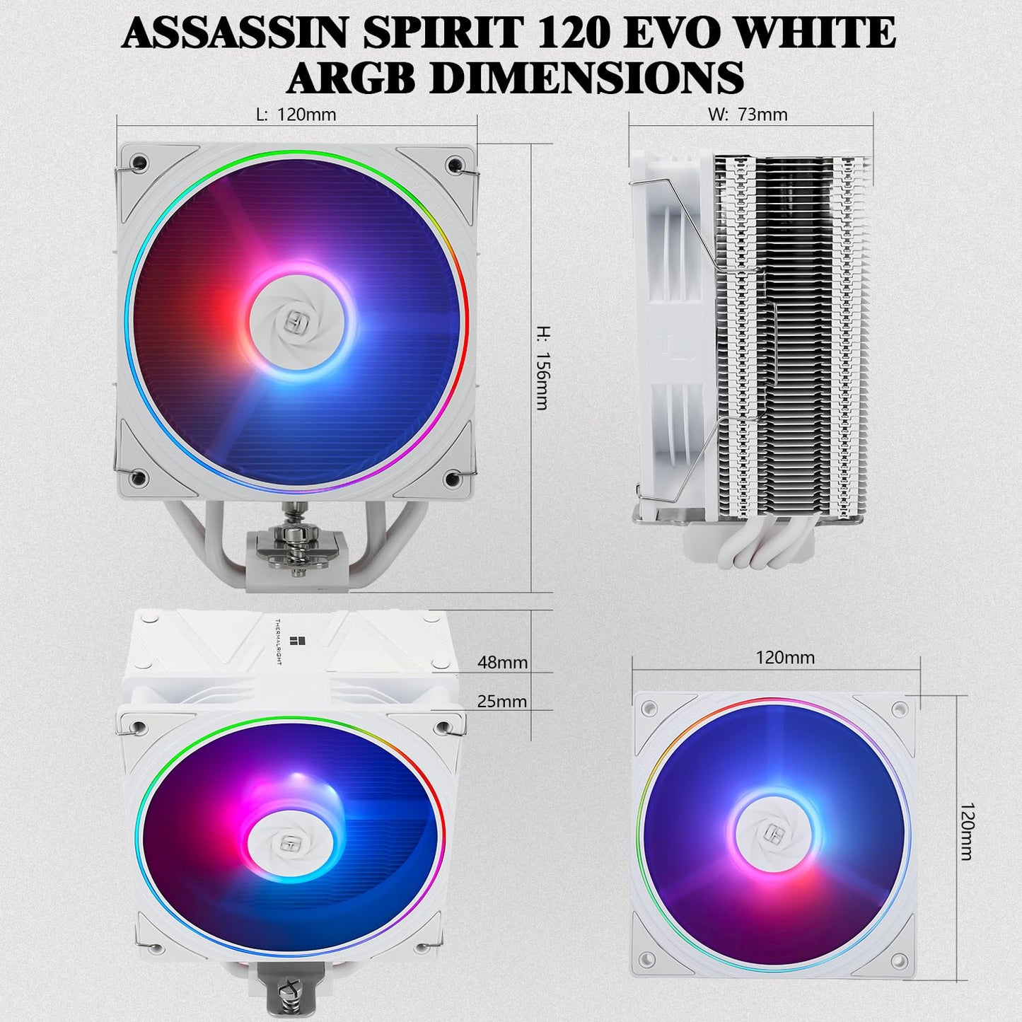 Thermalright Assassin Spirit 120 EVO White ARGB CPU Cooler, 120mm PWM Quiet ARGB Fan CPU Air Cooler, AGHP 4th Technology, Support Intel