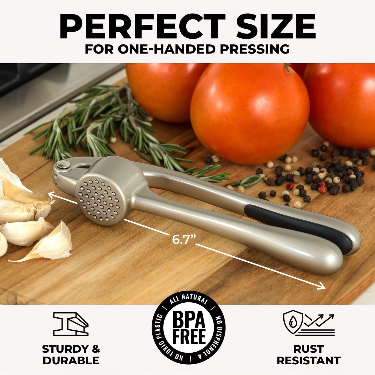 Zulay Kitchen Premium Garlic Press Set – Rustproof, Dishwasher Safe, Easy-Squeeze with Ergonomic Handle, Silicone Peeler & Brush, Silver