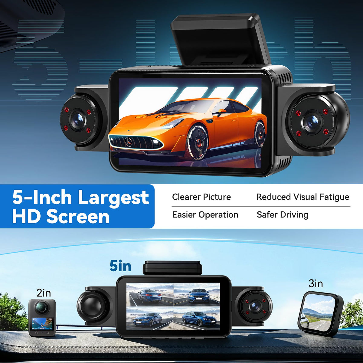 5'' Extra Large 4K Dash Cam Front Rear Left Right, 360° 4 Channel Dash Cam