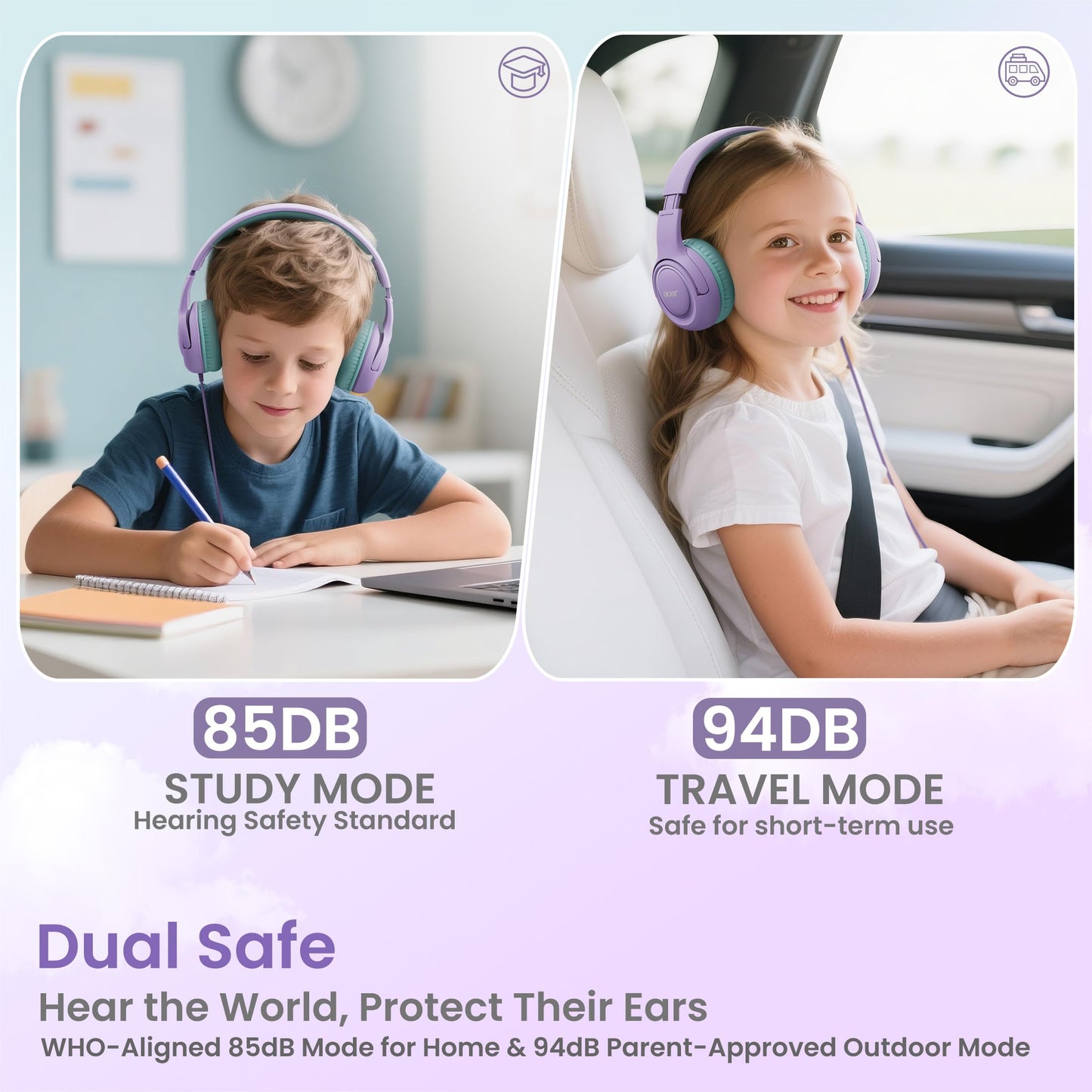 Acer USB?C Kids Headphones for School, 85?94dB Limiter, w/Mic HK03C