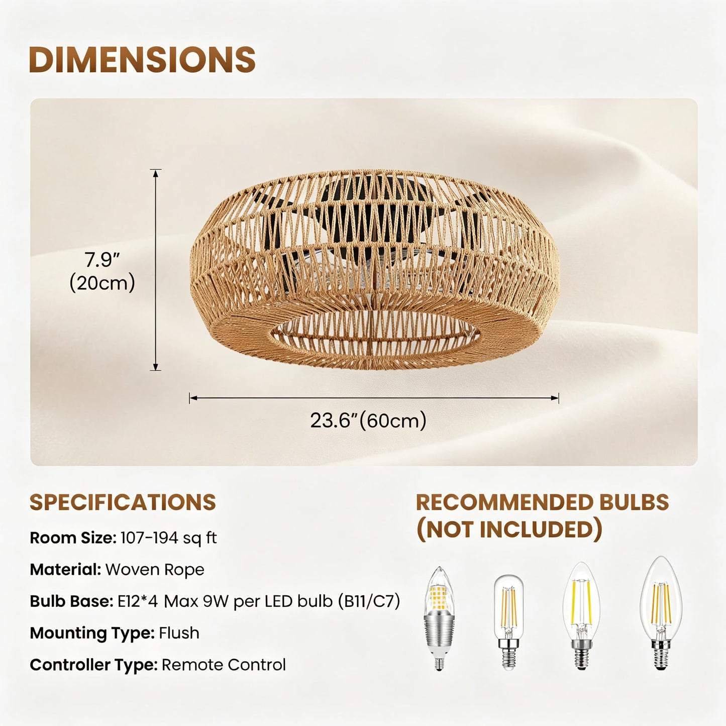 APBEAMLighting 24 Inch Boho Rattan Cage Ceiling Fan with Light Low Profile