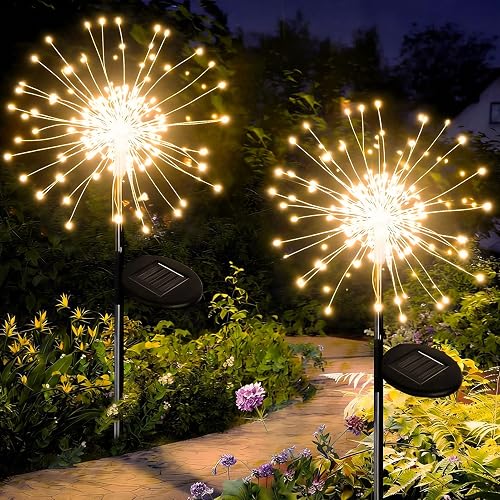Redefun Solar Fireworks Lights for Outside 2 Pack 120 LEDs Solar Garden Decor, 8 Modes Tall Sparkler Light Outdoor Waterproof Starlit Starburst Lights