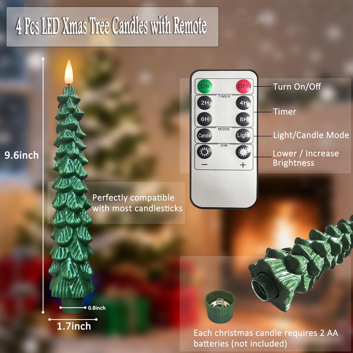 Htscudtg Christmas Tree Candles with Remote Timer, 4 Pcs 9.6" LED Flameless Taper Candles, Battery Operated Xmas Green Tree Shaped Candlesticks