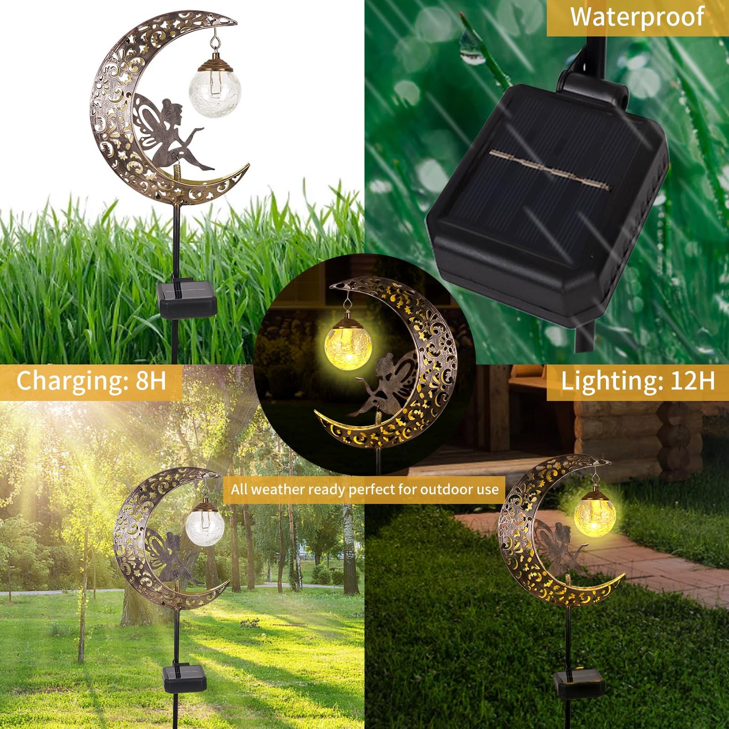 Solar Garden Lights Outdoor Decor,Moon Fairy Crackle Glass Lights,Waterproof Warm White LED Metal Stake Ornament,for Walkway Backyard Patio Lawn