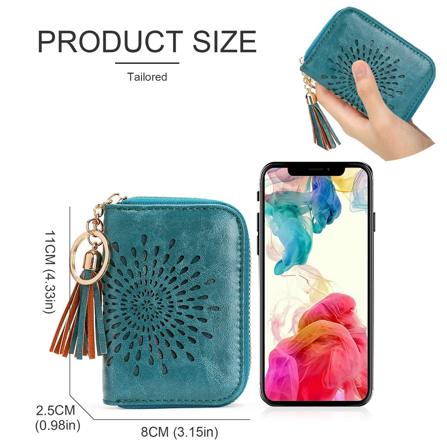 APHISON RFID Credit Card Holder Zipper Card Case Keychain Small Wallet for Women 1927 PEACOCK-BLUE