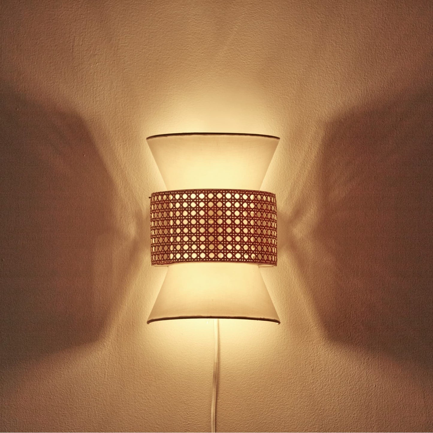 Globe Electric 65925 2-Light Plug-in or Hardwire Wall Sconce, Matte White Fabric Shade with Natural Rattan Accent, 6ft Braided Cord, in-Line Rocker