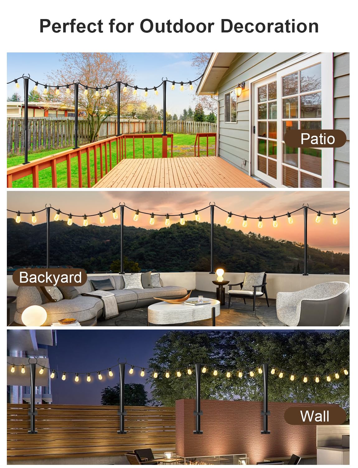 4 Pack String Light Poles for Deck, 5Ft Upgraded Heavy-Duty Metal Deck Light Poles for Outside with Fixing Clips, Lighting Hanging Post Accessories