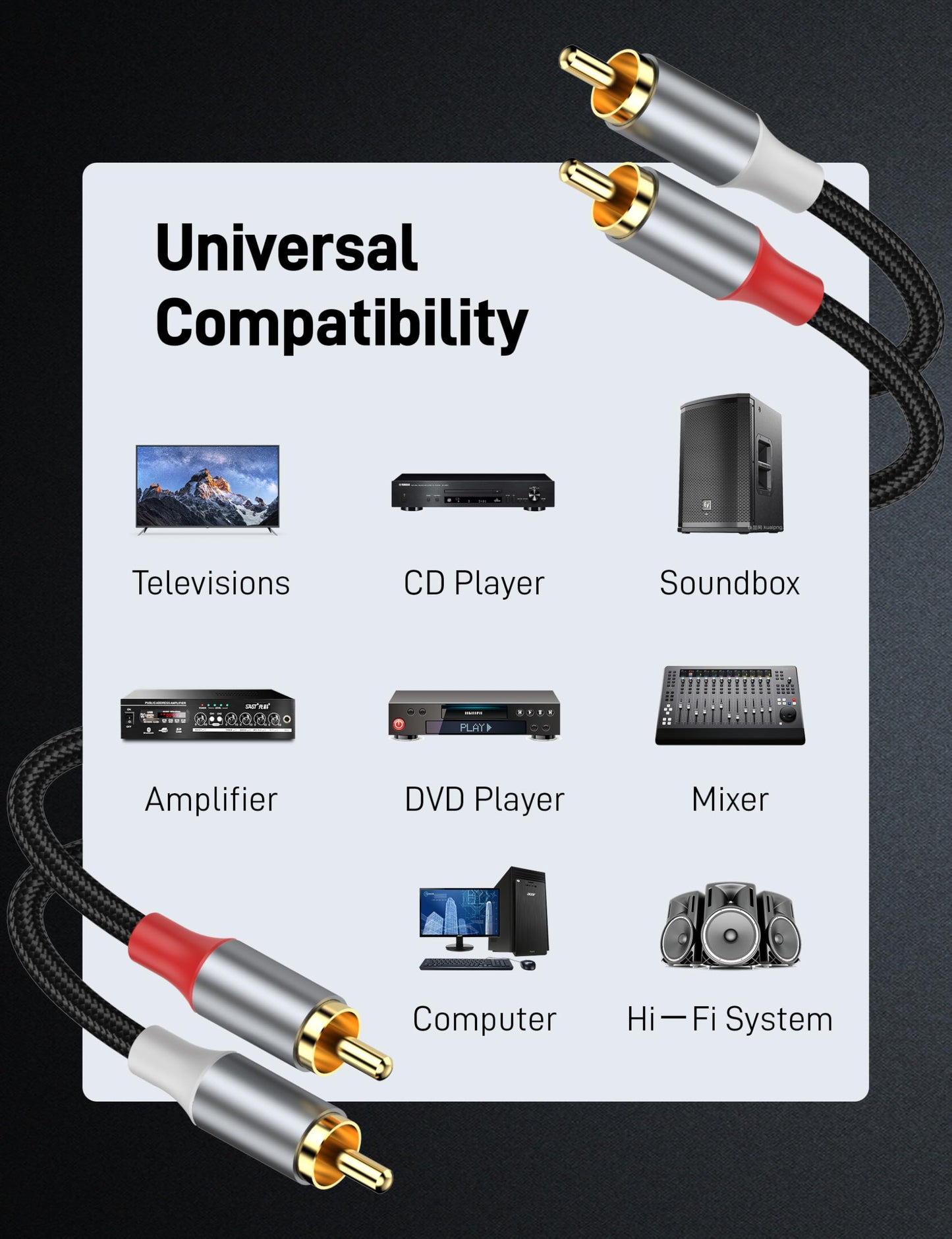 KAYQINHO 2RCA Audio Cable 10FT, 2RCA Male to 2RCA Male Stereo Audio RCA Cables Dual Shielded Gold Plated 2 RCA Stereo Cable for Home Theater, HDTV
