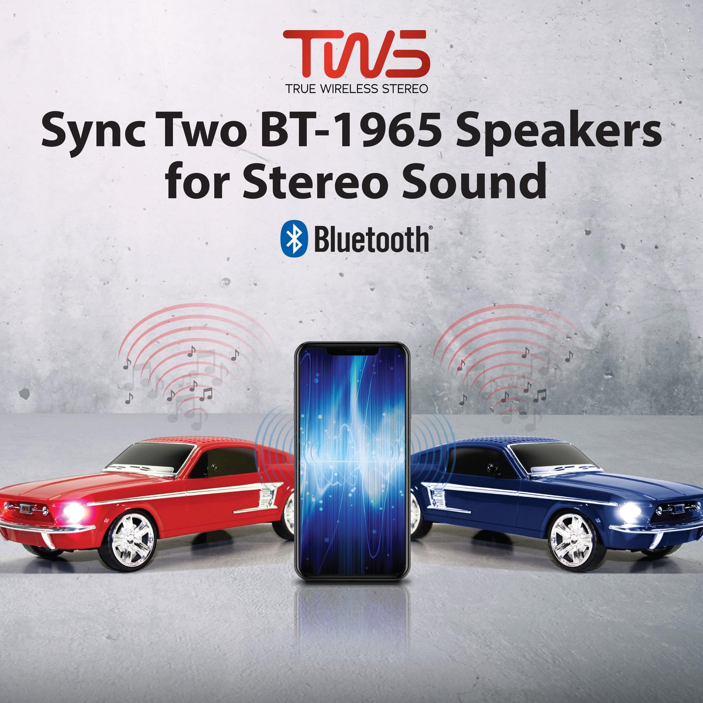 QFX Bluetooth 1965 Retro Car Replica Speaker, 3-inch Speakers, Hands Free Link, Built-in Microphone, FM Radio and LED Party Lights, Blue - BT-1965-BLU