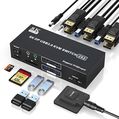 8K@60Hz Displayport KVM Switch 2 Monitors 2 Computers, 4K@120Hz USB 3.0 KVM Switch Displayport with Audio Microphone Output and 4 USB Ports, SD/TF