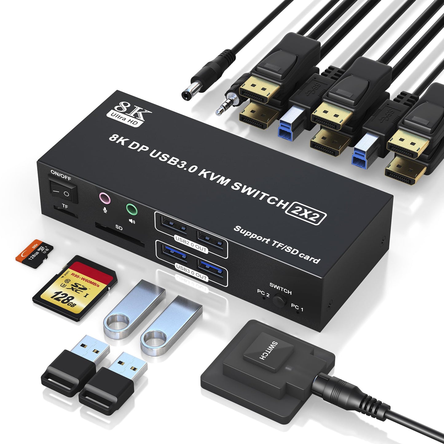8K@60Hz Displayport KVM Switch 2 Monitors 2 Computers, 4K@120Hz USB 3.0 KVM Switch Displayport with Audio Microphone Output and 4 USB Ports, SD/TF