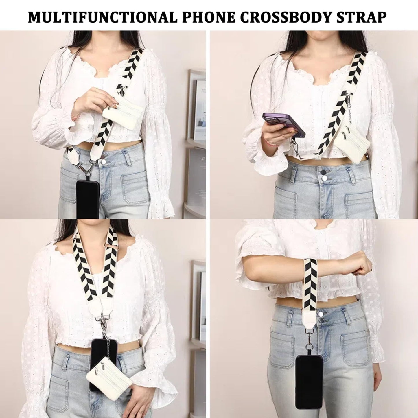 Surlveia Crossbody Body Phone Holder for Women, New Phone Strap with Zippered Pouch, Adjustable Crossbody Strap (Flower white)