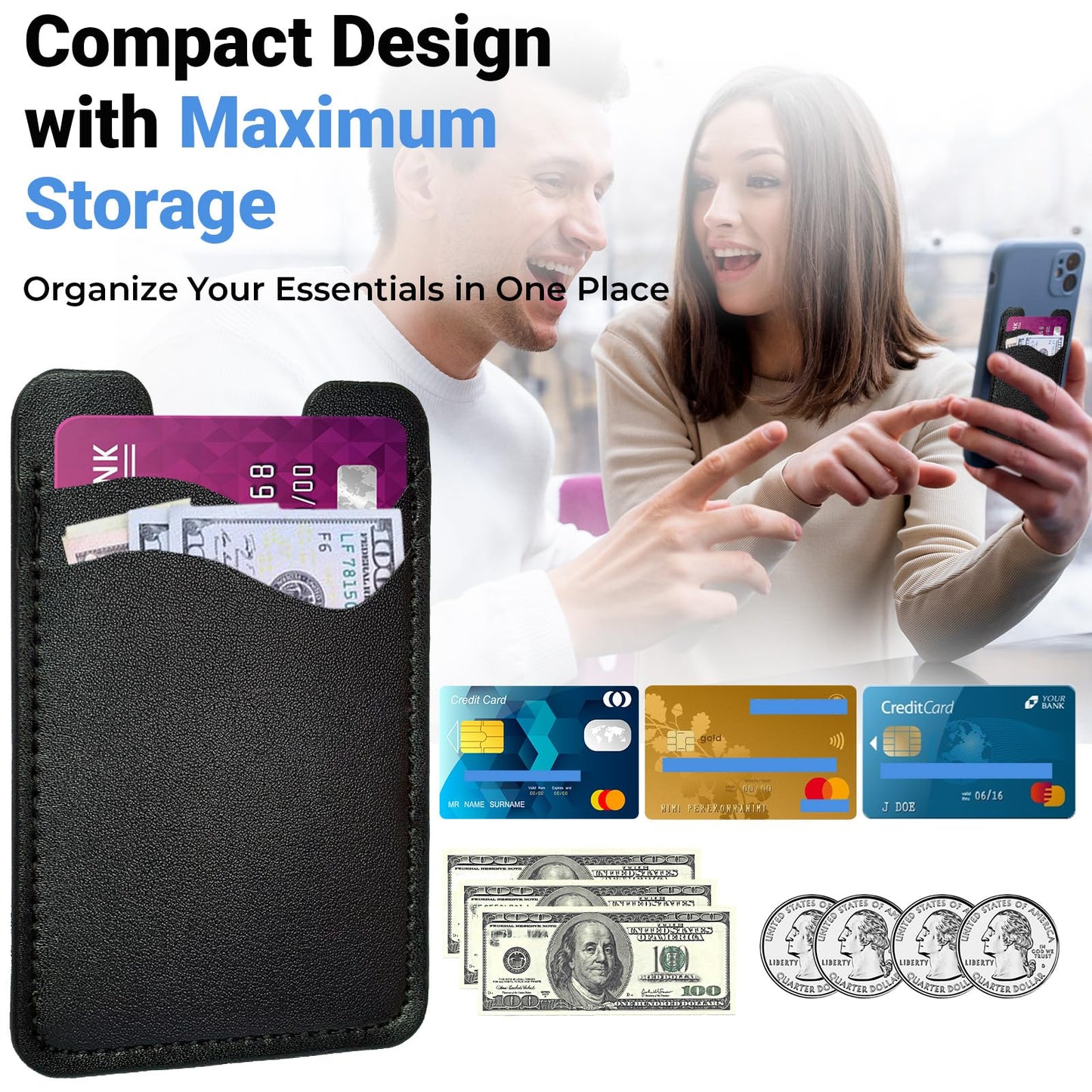 SNJXAMC Phone Wallet Stick ON,Credit Card Holder for Phone Case,Leather Wallet,Stick On Wallet for iPhone Samsung Android,Card Holder,2 Pack,Black