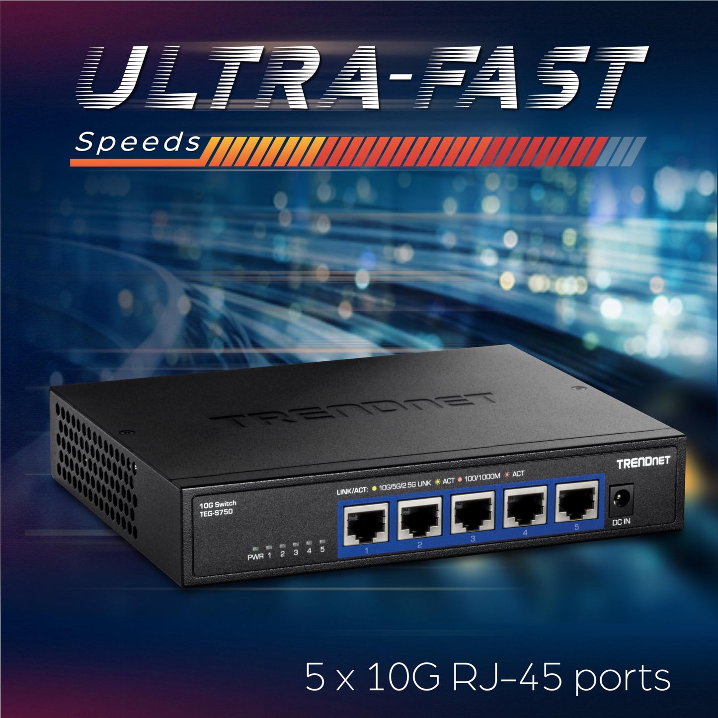 TRENDnet 5-Port 10G Switch, TEG-S750, 5 x 10G RJ-45 Ports, 100Gbps Switching Capacity, Supports 2.5G and 5G-Base-T Connections, Ethernet Splitter