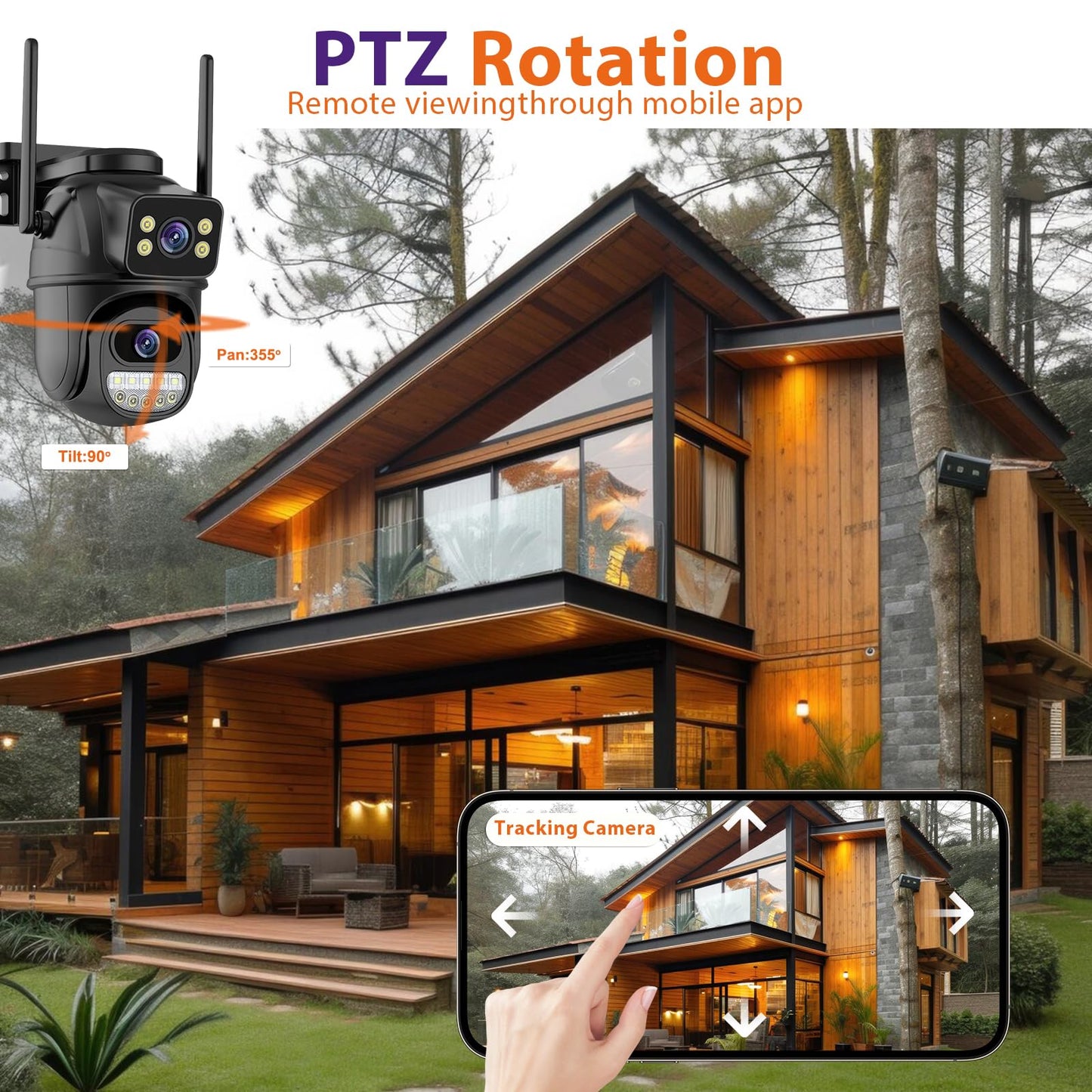 Security Camera Outdoor 2.4G WiFi PTZ Outdoor Camera Dual Lens Home Security Cameras Linkage 360°View 4MP Plug-in Cable Two-Way Talk,AI