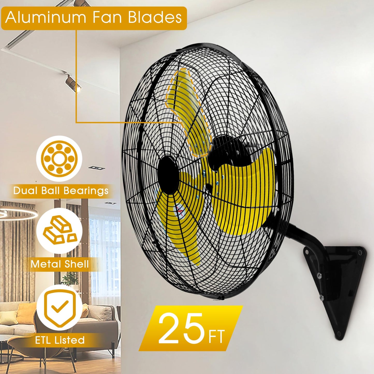20" Industrial Wall Mount Fan, High Velocity 7100 CFM Metal Fan with 3 Speed Control, Adjustable Tilt , Heavy Duty Cooling Oscillating Fans