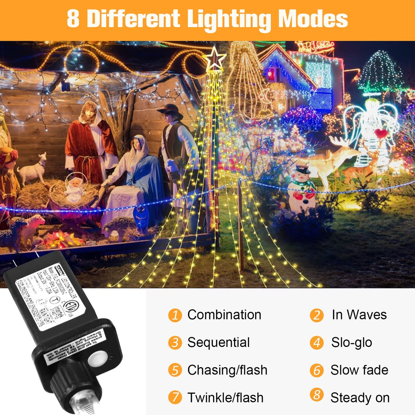 Outdoor Christmas Decorations Star String Lights, 317 LED 11.5 ft Waterfall Tree Lights with 8 Memory Lighting Modes&Timer Christmas Star Lights