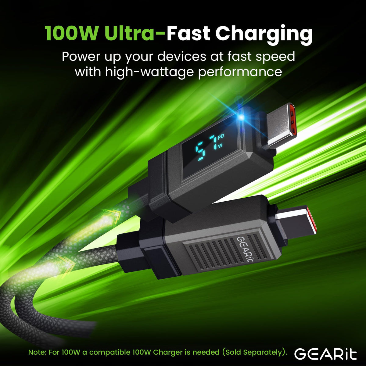 GEARit 100W USB C to USB C Cable, Fast Charging Cord with Digital Display, Braided Charger for iPhone 16/15, MacBook, iPad Pro, Samsung, 3.3ft Grey