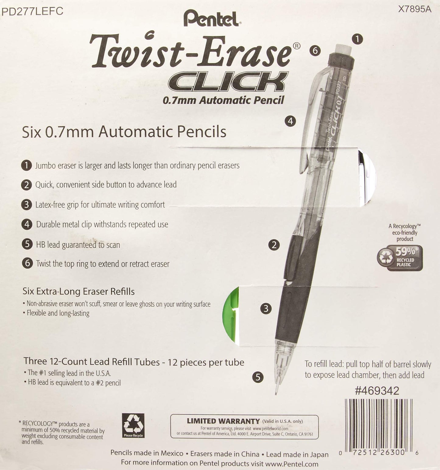 Pentel Twist-Erase Click Mechanical Pencils 0.7mm, HB #2, School Supplies, Teacher Supplies, Drawing Sketching pencils, Assorted Barrel Colors- 6