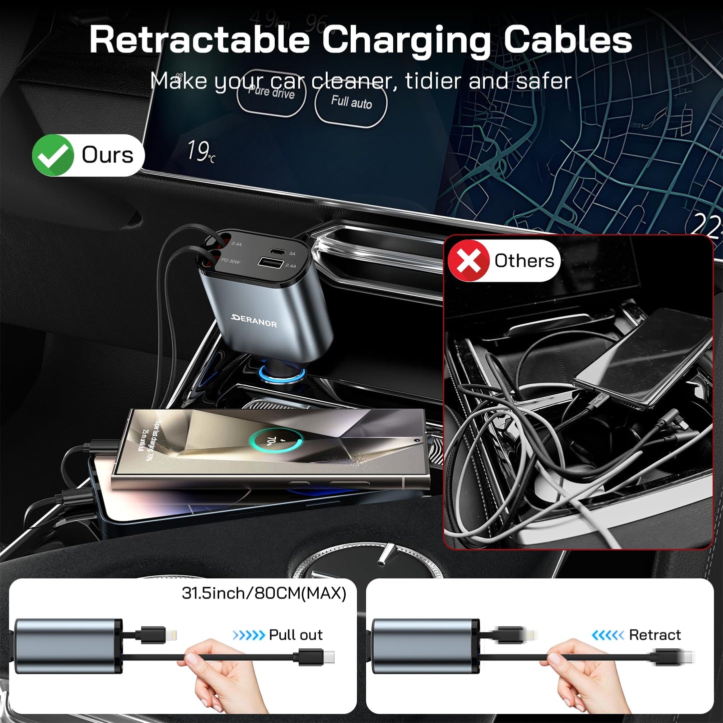 [2 Pack] Retractable Car Charger 4 in 1 Fast Car Phone Charger 69W, USB C Car Truck Accessories Adapter with 2X Retractable Charger Cords and 2X USB