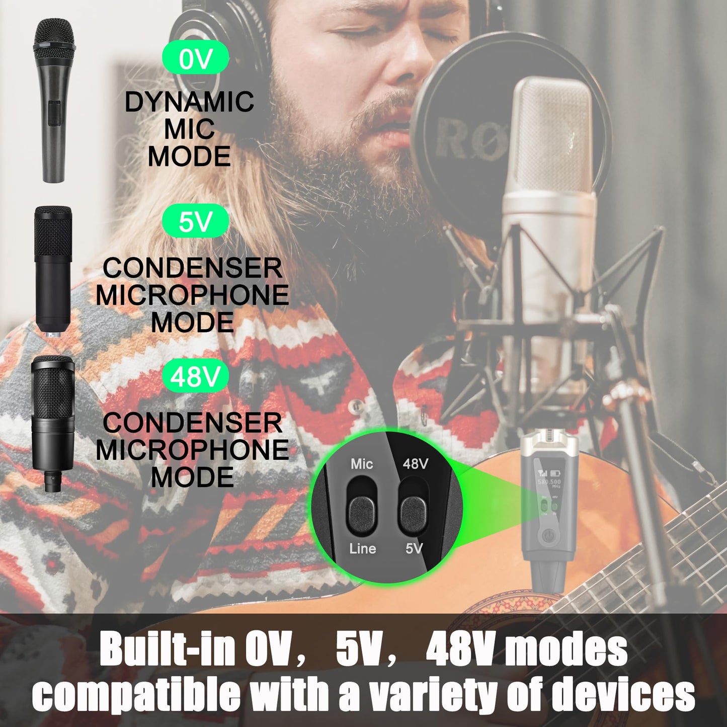 UHF Wireless XLR Transmitter and Receiver with 48V Phantom Power,Rechargeable Mic Adapter 16 Channels 196ft Range for Dynamic/Condenser