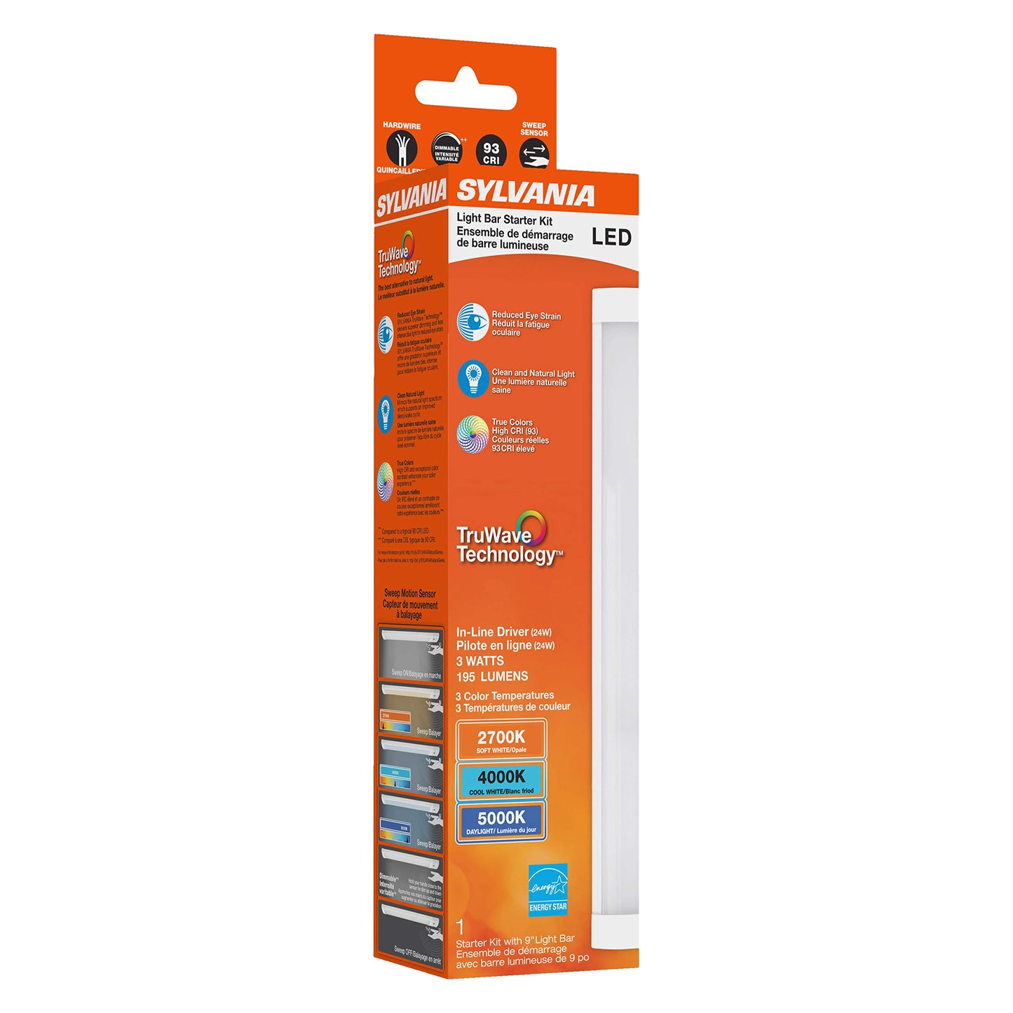 LEDVANCE Sylvania TruWave Natural Series 3-Way Selectable 9" LED Under Cabinet Light Starter Kit, Soft / Cool / Daylight, Hardwire - 1 Pack, 3 Watts