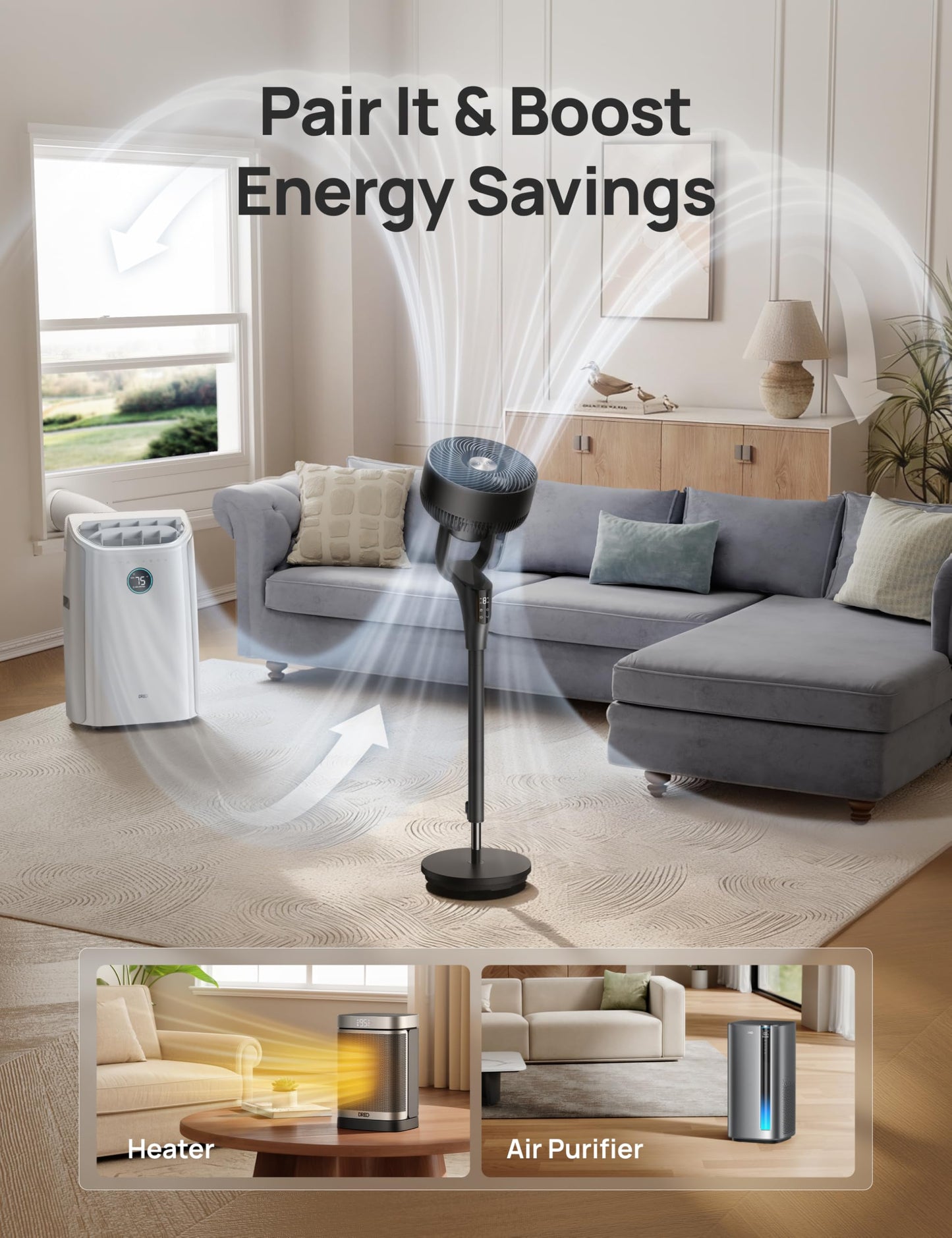 DREO Fan for Bedroom, 2026 Upgraded, 90ft Airflow, Quiet Fan, 90° Oscillating Standing Fan for Whole Room, DC Motor, 8+H Speeds, 3 Modes, 38-42''