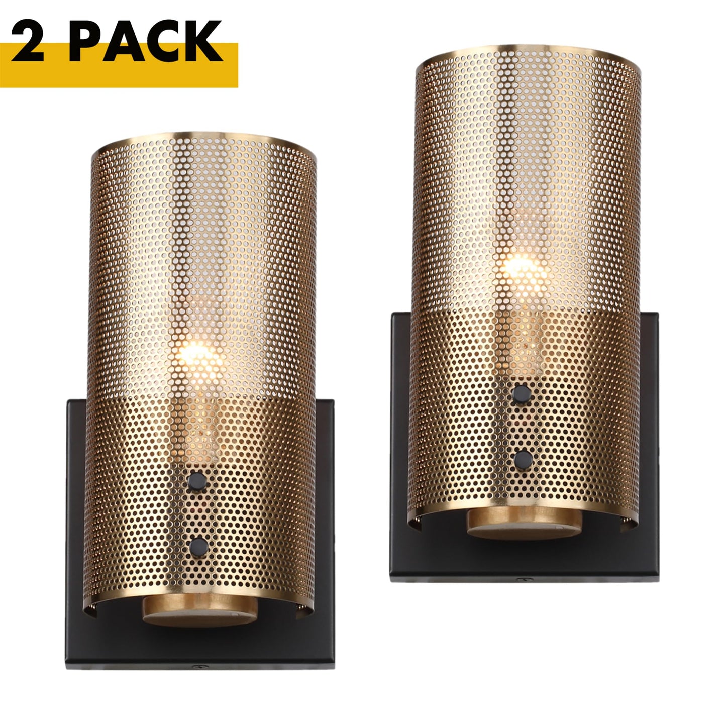 Hamilyeah Industrial Wall Sconces Set of Two, Vintage Brass Gold Sconces Wall Lighting Fixture with Grid Mesh Shade, Indoor Hardwired Wall Sconces