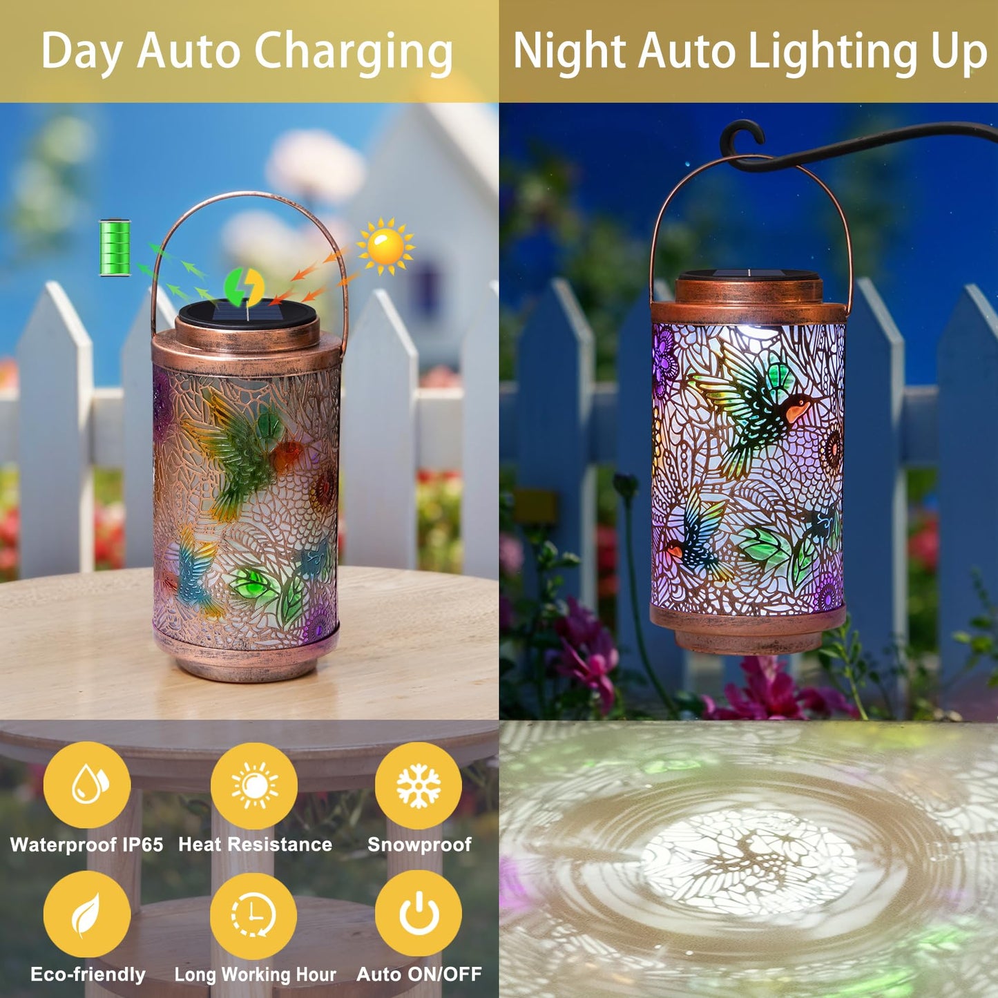 2Pack Solar Lanterns Outdoor Waterproof Hummingbird Garden Gifts for Mom, Multicolor Solar Lights Lantern for Backyard Garden, Pathway, Outside
