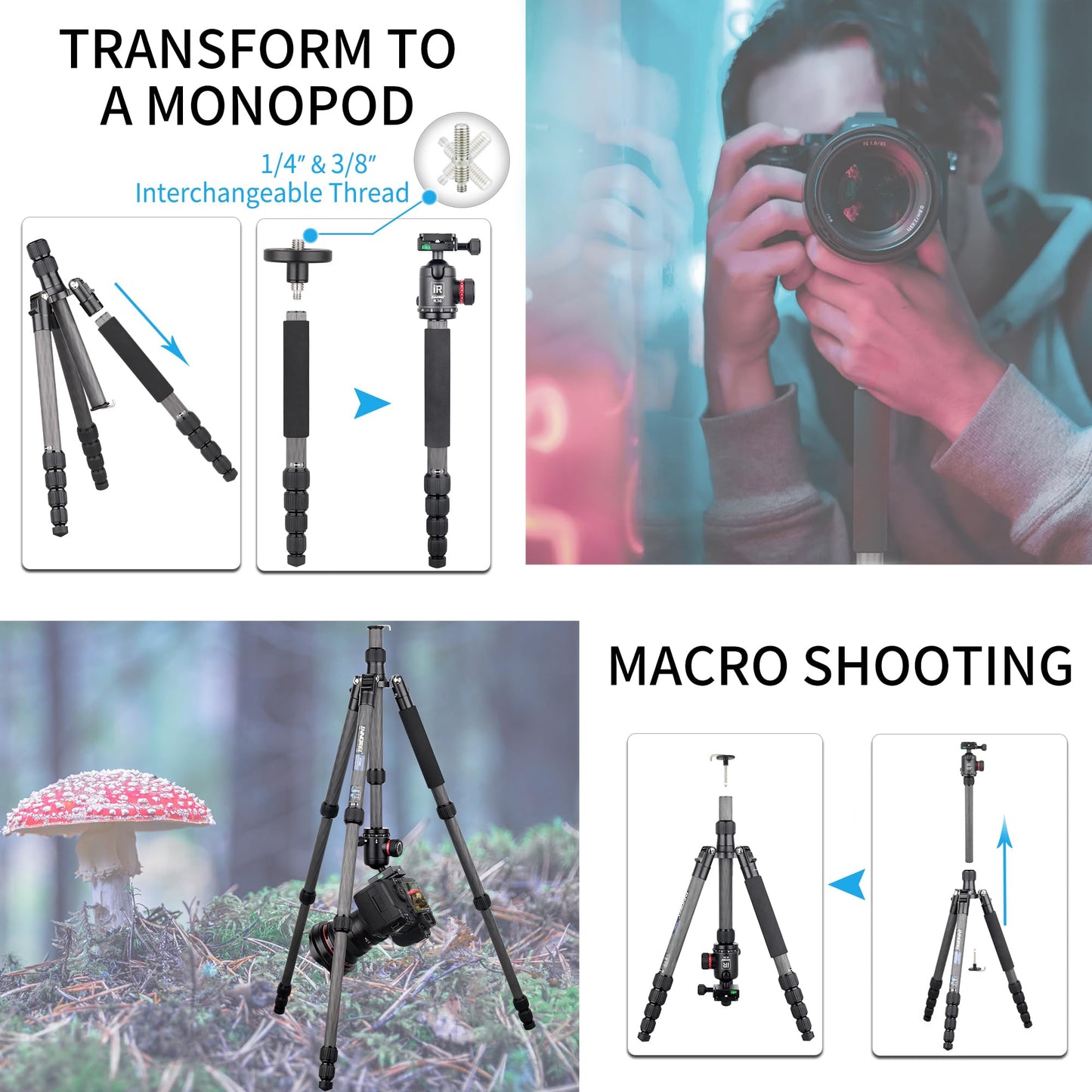 10 Layers Carbon Fiber Travel Tripod Monopod-INNOREL RT55C with 36mm Panoramic Ball Head 360 Degree and Carrying Case Professional Lightweight Compact