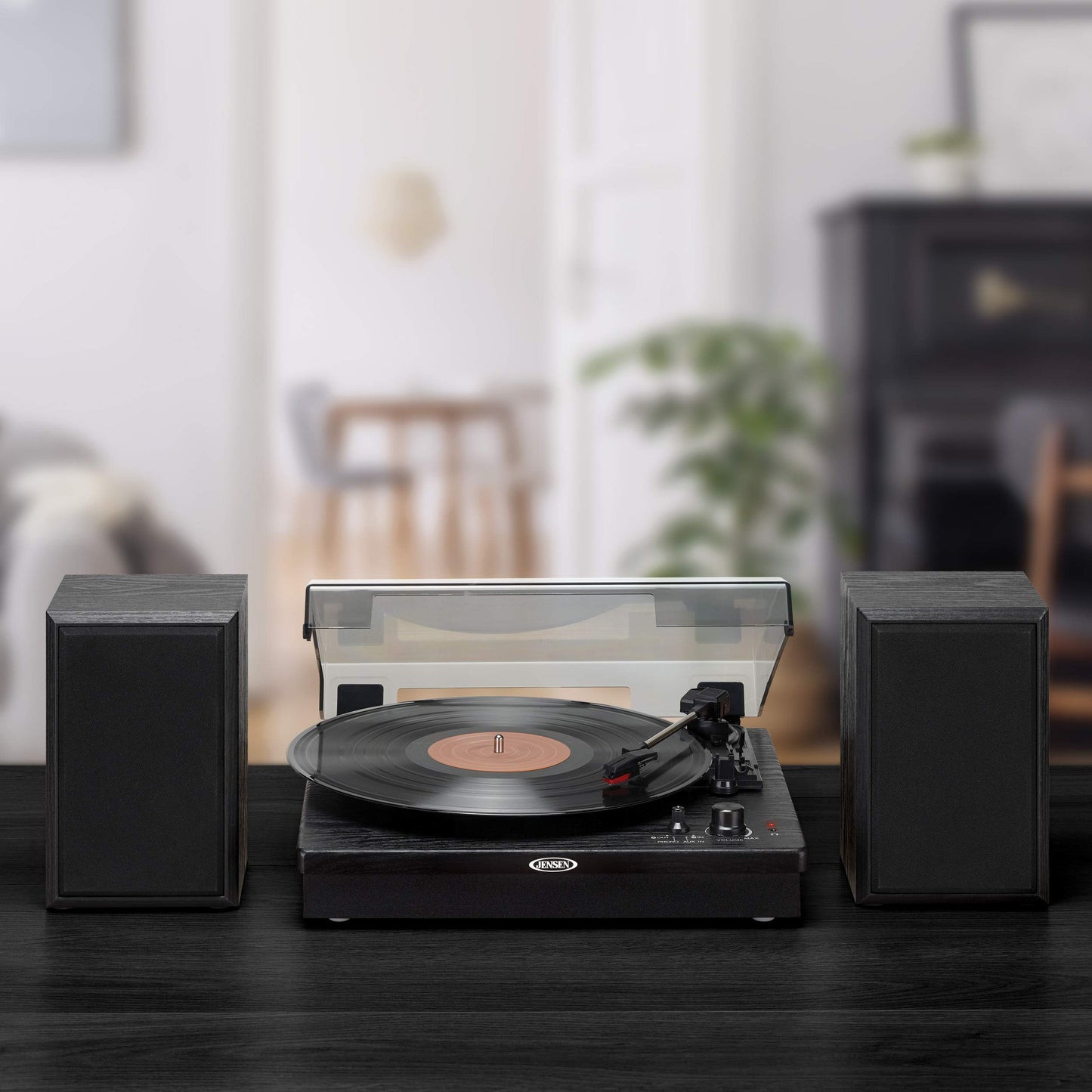 JENSEN JTA-315 Vinyl Record Player 3 Speed Turntable with Speakers and Dual Bluetooth Transmit/Receive, Black