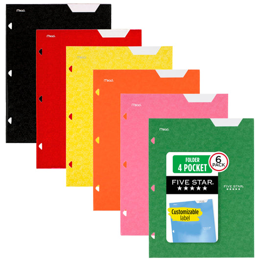 Five Star 4-Pocket Folder, 6 Pack, Paper Folder, Fits 3-Ring Binders, Holds 8-1/2" x 11" Paper, Assorted Colors (38056)