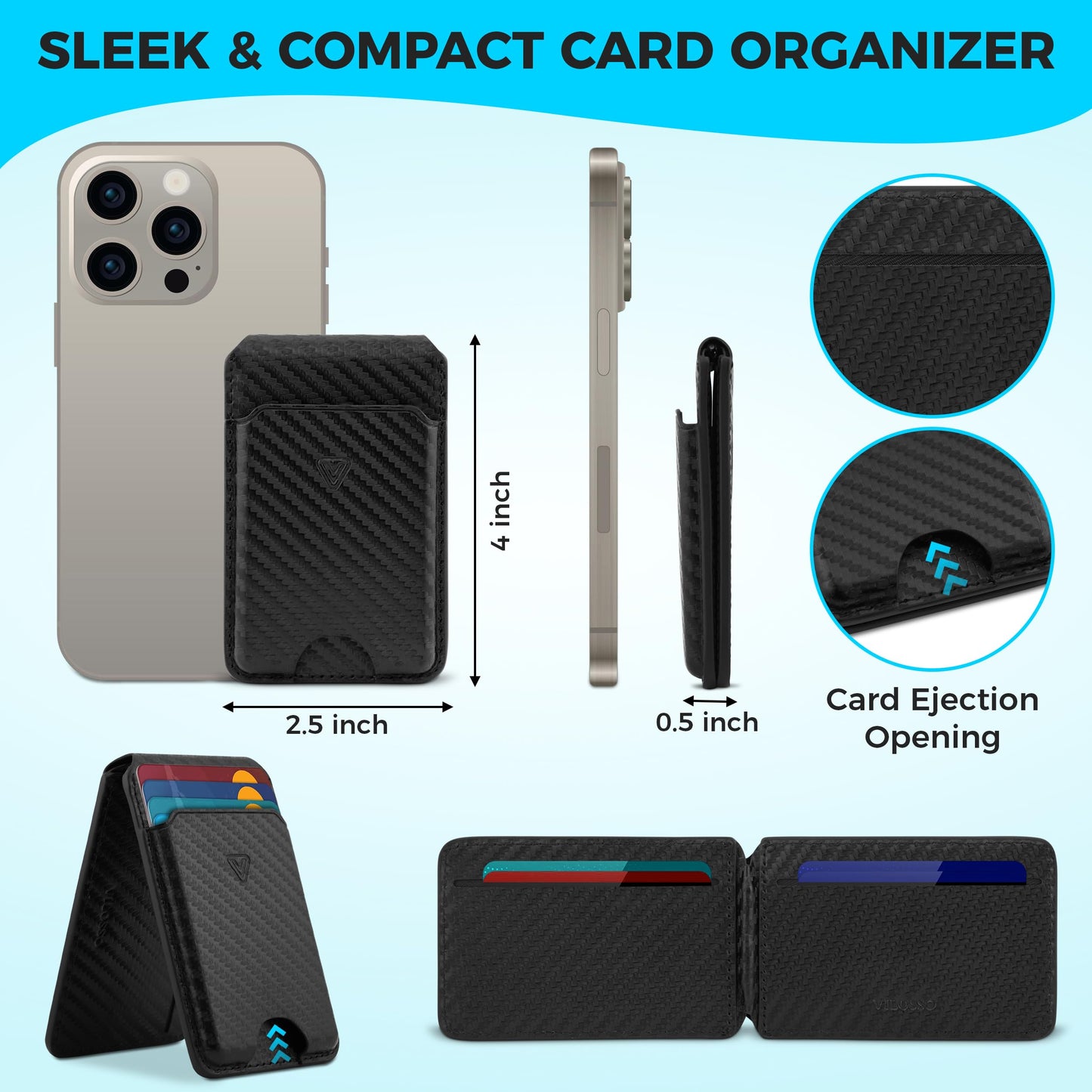 VILOSSO Genuine Leather MagSafe Wallet with Stand | RFID Blocking Magnetic Phone Wallet Card Holder for iPhone 17/16/15/14/12 | Ultra-Slim Minimalist