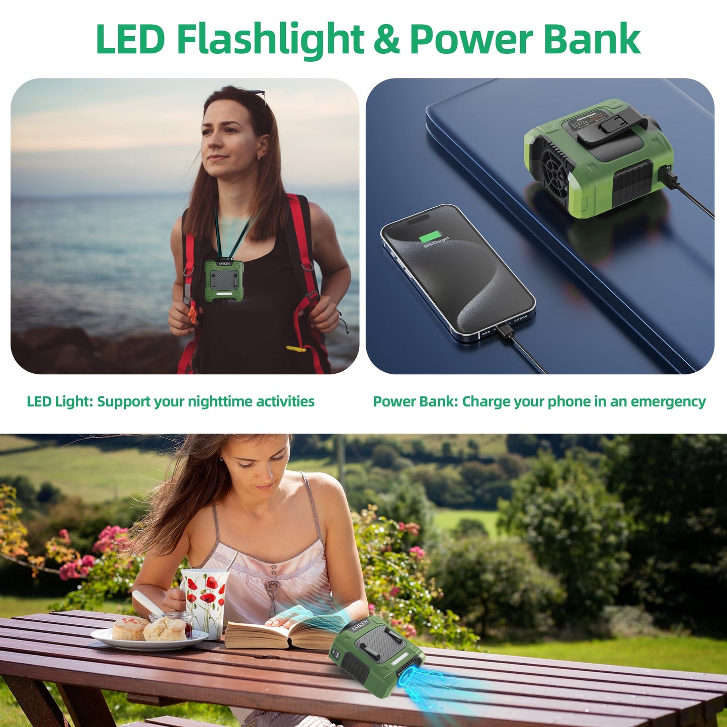 AMKEN Waist Fan, 10000mAh Rechargeable Belt Clip Fan, 24H Runtime, 49ft/s Strong Airflow, 3-Speed 7-in-1 Hands-Free Wearable with LED SOS Warning