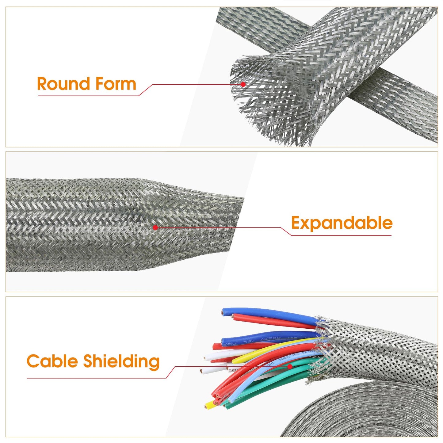 SUNNAREPOON Tinned Copper Wire Shielding Sleeve, Expandable Ground Strap Wiring Braided Sleeving Metal Mesh Sheathing Cabling Wiring Protector
