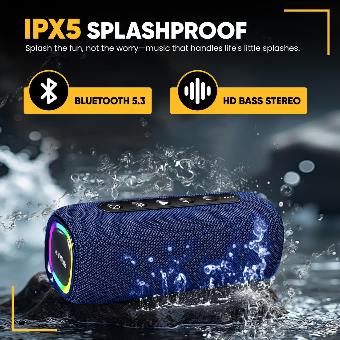 MultiWatts Portable Bluetooth Speaker: IPX5 Waterproof, 20W Dolby Stereo Sound, Deep Bass, Upto 25H Playtime, LED Lights, TWS Pairing, BT5.3,