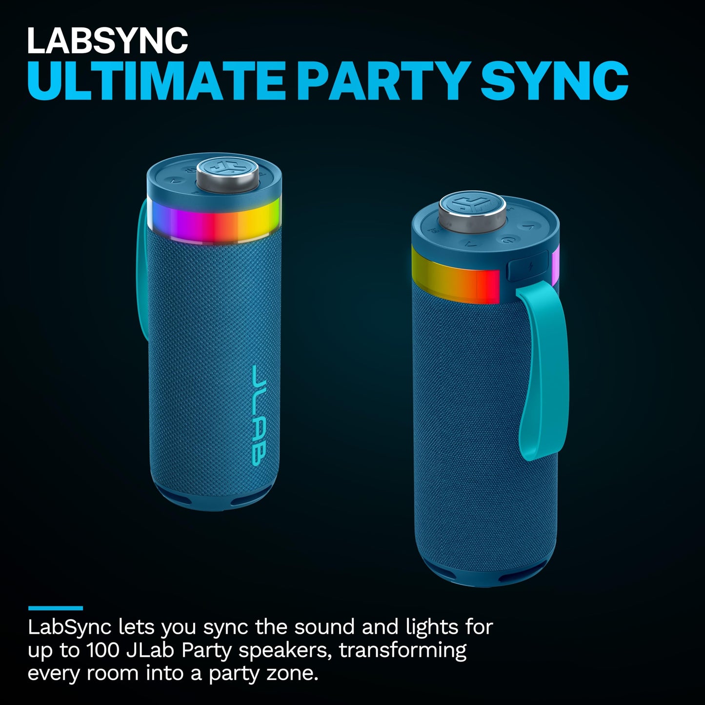 JLab Go Party Portable Bluetooth Speaker, Navy, 10 Watts of Power, 16+ Hours of Playtime, IP56 Waterproofing, Customizable RGB LED Lighting, Lab Sync