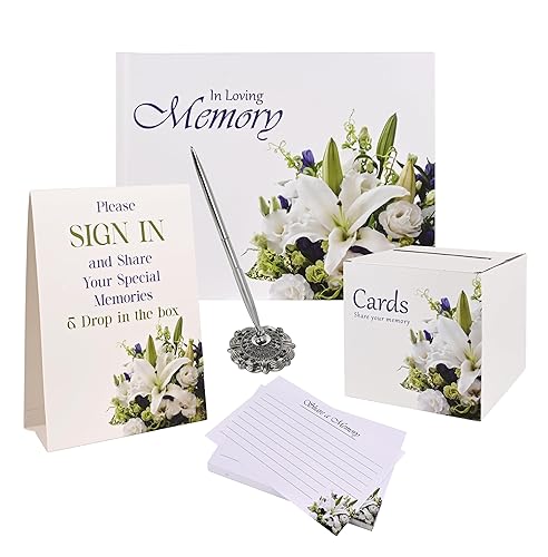 Customoffi Funeral Guest Book Set for Memorial Service - Complete Celebration of Life Guest Book Set with Memory Cards, Pen & Keepsake Box for Funeral