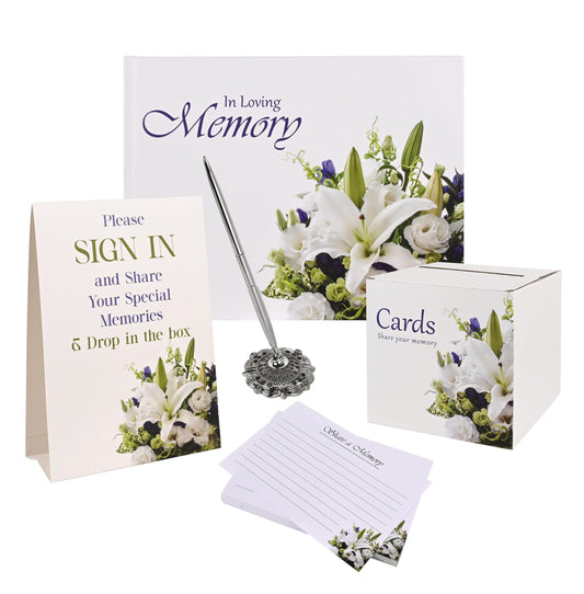 Customoffi Funeral Guest Book Set for Memorial Service - Complete Celebration of Life Guest Book Set with Memory Cards, Pen & Keepsake Box for Funeral