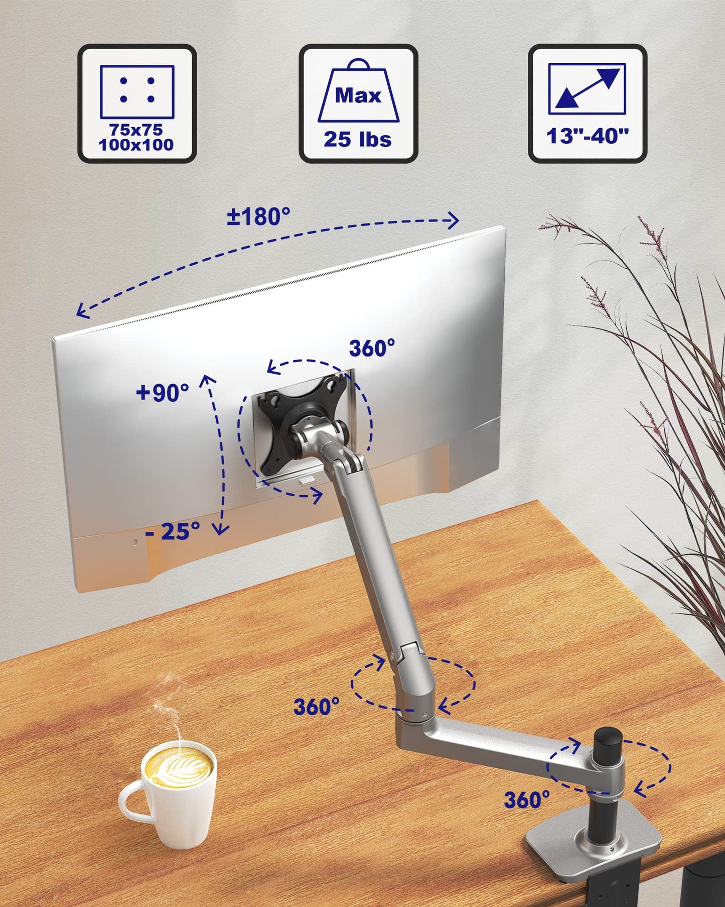 Ergounion Single Monitor Arm Desk Mount, Holds Screens up to 40 Inches and 25 lbs, Fully Adjustable Vesa Monitor Mount with C-Clamp and Grommet Base