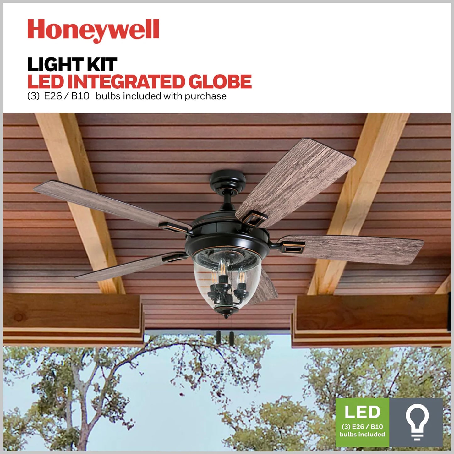 Honeywell Ceiling Fans Glencrest, 52 Inch Indoor Outdoor LED Ceiling Fan with Light, Pull Chain, Dual Mounting Options, ETL Damp Rated, Dual Finish