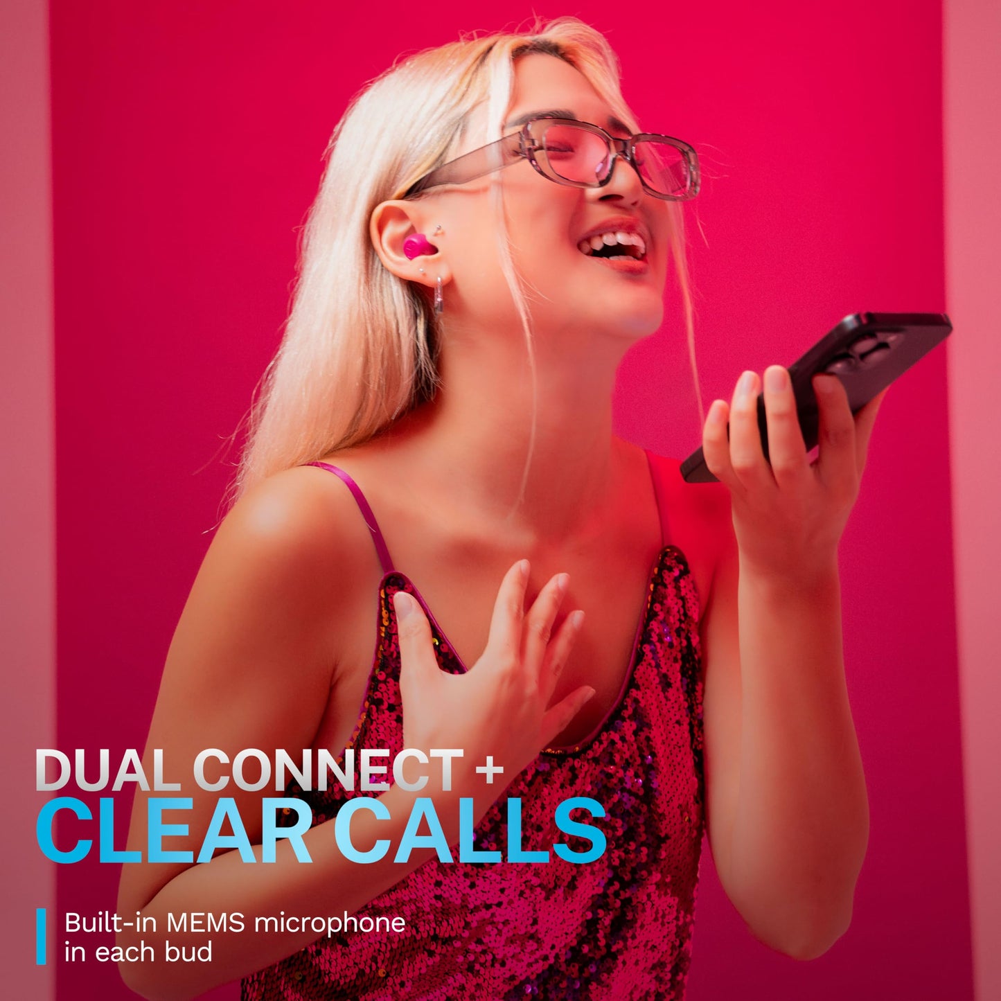JLab Go Pop ANC True Wireless Earbuds & Charging Case, Fuchsia, Active Noise Cancelling, 10mm Drivers, Dual Connect, Customize Your Sound with App, Be