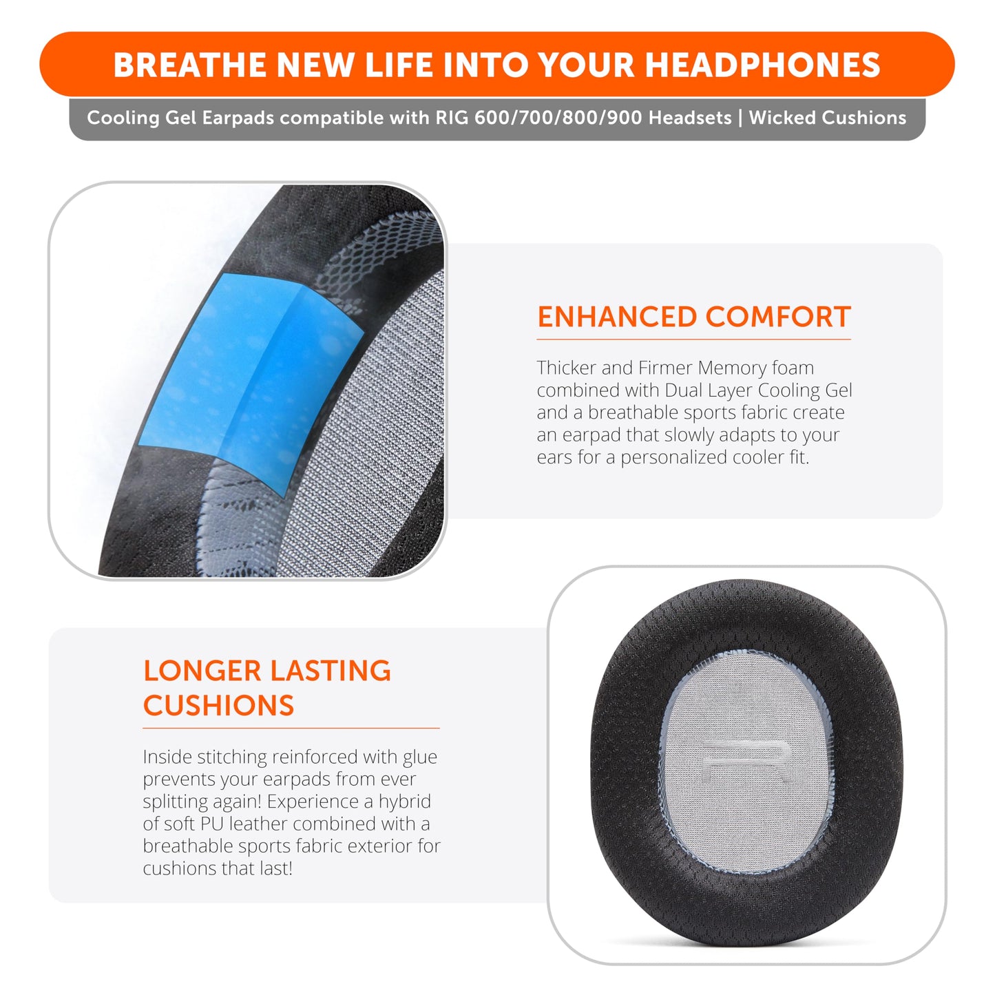 WC Freeze Rig 600/700/800/900 - Cooling Gel Earpads for RIG 600 Pro, RIG 700 HX, RIG 800 Pro, RIG 900 Max by Wicked Cushions - Boost Comfort