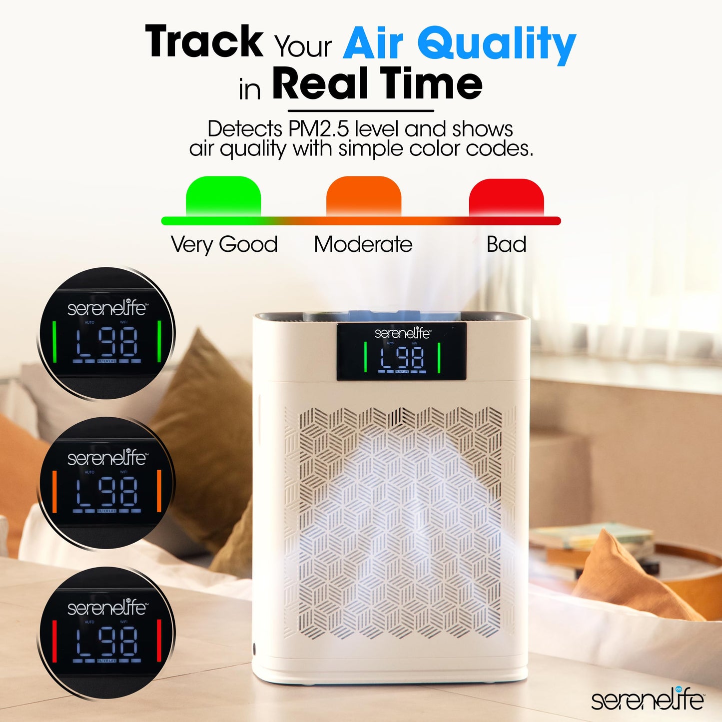 SereneLife Air Purifier for Home - Smart Room Air Purifier with Sleep and Automatic Modes, WiFi and App Control, Ultra Quiet, Removes Dust, Pet Hair