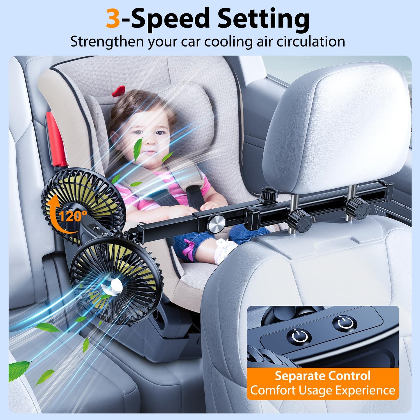 xuenair Rechargeable Car Fan for Backseat Kids Baby Rear Facing - Long Arm