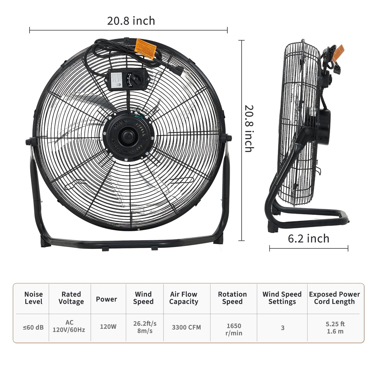 Garvee 18 Inch Floor Fan, 3 Speeds 3300 CFM High Velocity Heavy Duty Industrial Fan, 360° Adjustable Tilt & Carry Handle, 26.2 ft/s Airflow Metal Fan